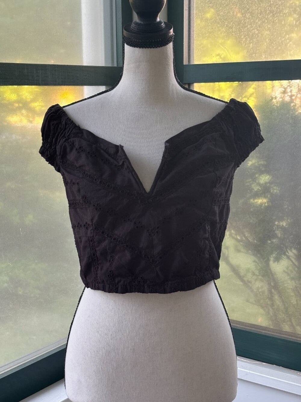Free People Black Eyelet Off Shoulder Smocked Crop Top M